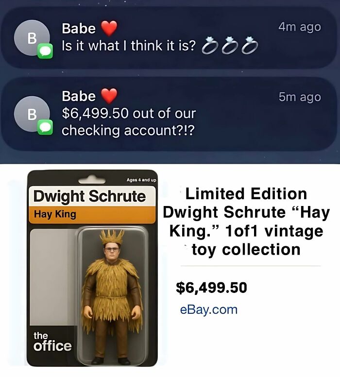 Text message about $6,499 purchase paired with a Dwight Schrute Hay King action figure meme from The Office.