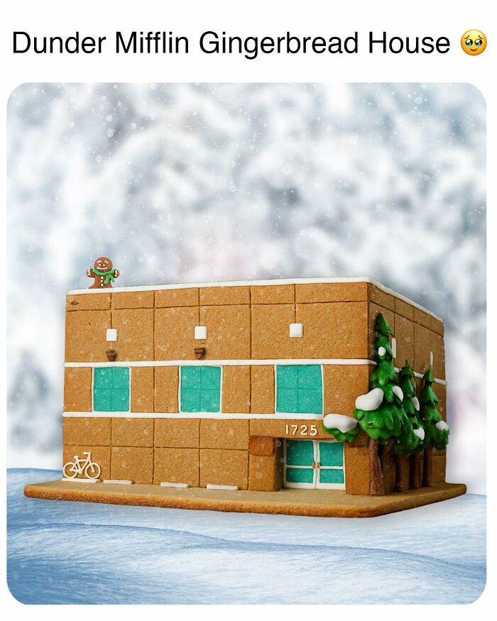 Dunder Mifflin gingerbread house with trees, a bicycle, and a gingerbread man, inspired by memes from the TV series The Office.