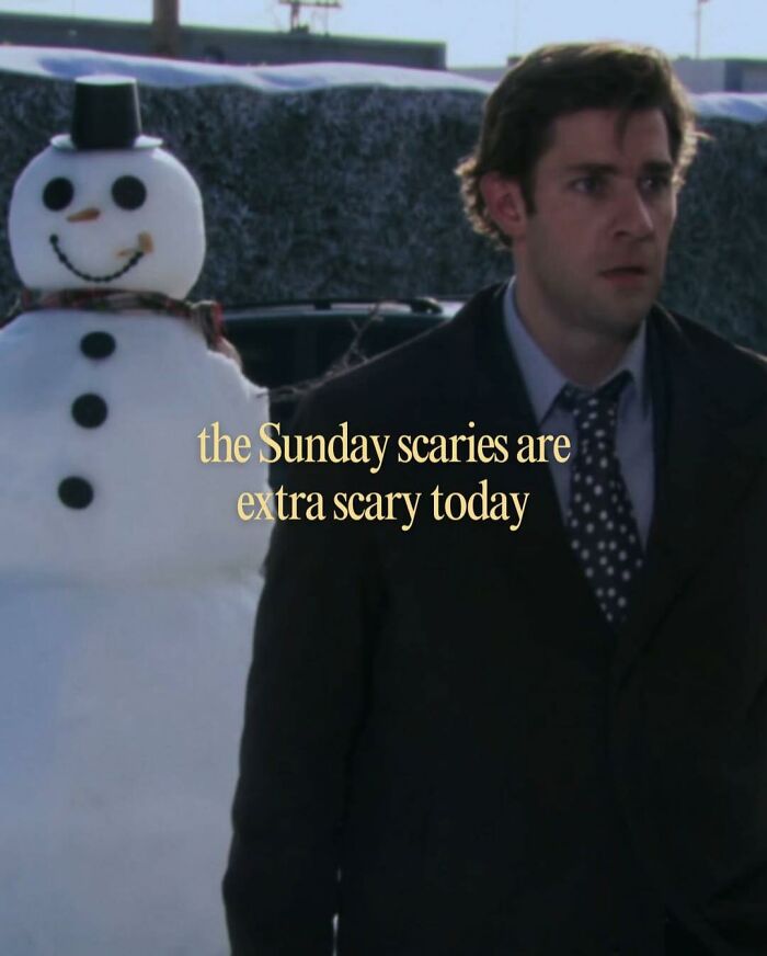 Man with worried expression standing next to a smiling snowman, meme inspired by the TV series The Office about Sunday scares.