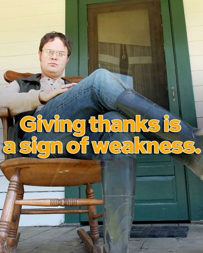 Character from The Office sitting on a wooden chair with text overlay about giving thanks, part of popular meme series.