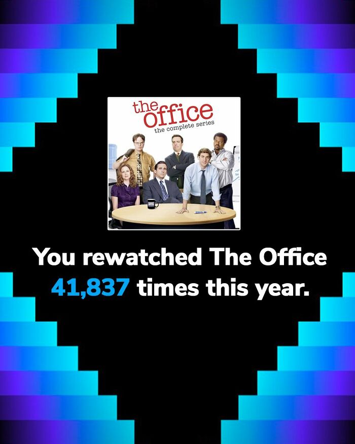 Rewatch count of The Office shown with cast image, highlighting fans' love for the TV series and inspired memes.
