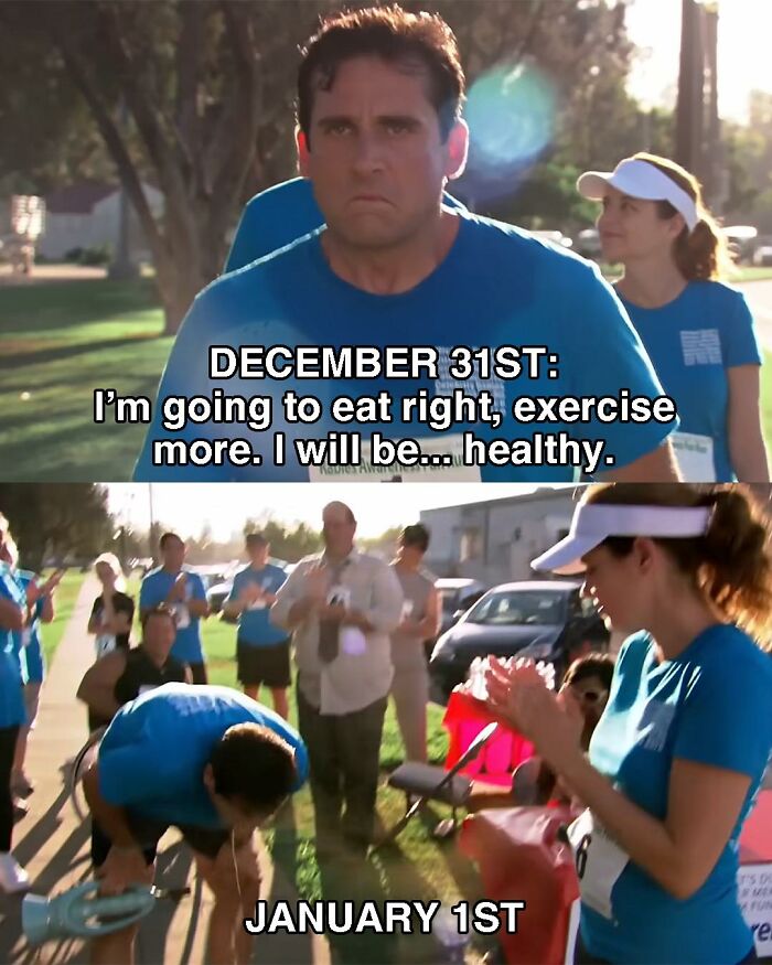Scene from The Office meme showing a man determined to be healthy on December 31st, struggling on January 1st at a race.