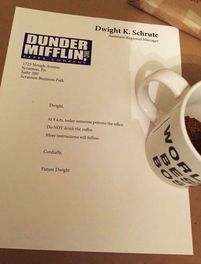 Memes inspired by The Office show a humorous letter from Dwight warning about poisoned office coffee with a coffee mug nearby.