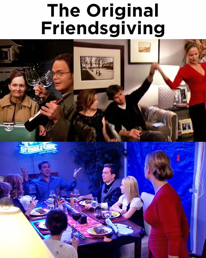 Scenes from a popular TV series showing characters celebrating Friendsgiving with wine, dinner, and socializing indoors.
