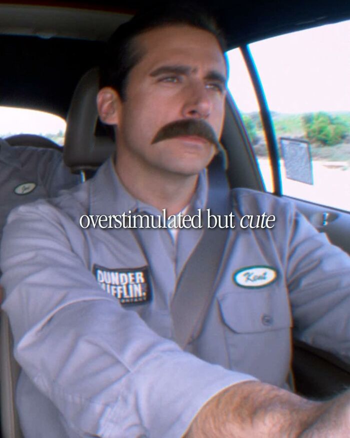 Man in Dunder Mifflin uniform driving car with mustache, meme inspired by TV series The Office and people cracking up