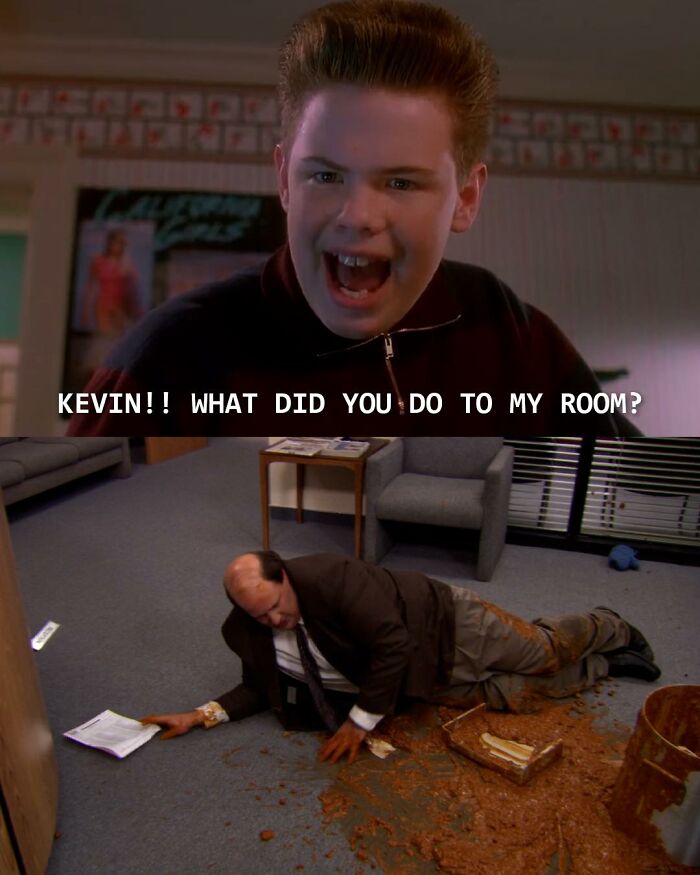 Scene from The Office meme showing man shouting and Kevin lying on the floor with spilled chili, a popular TV series meme.