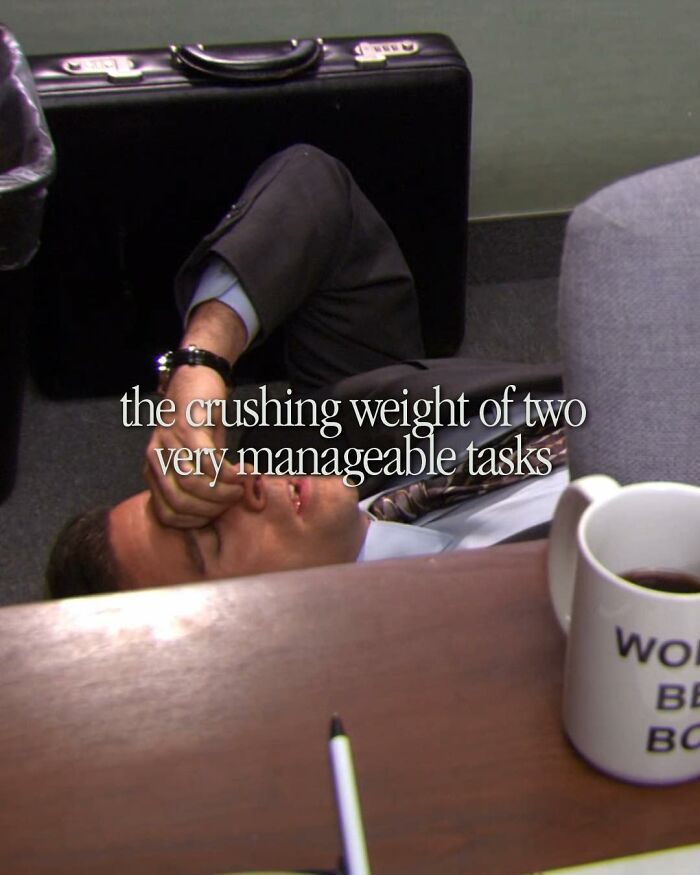 Man lying on office floor next to briefcase and coffee mug, with text about manageable tasks, meme inspired by The Office series.