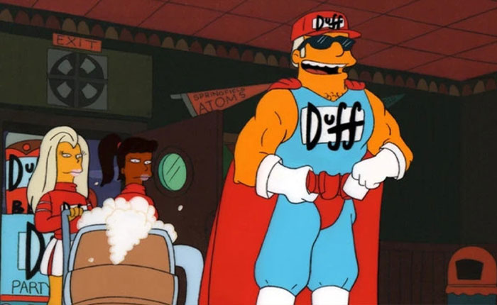 Duff Man in bar with two women and beer cart, playful Simpsons 2026 predictions visual reference