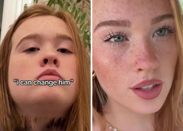 Side-by-side images of a young woman before and after a breakup showing personal change and growth for better or worse.