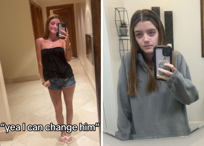 Young woman before and after a breakup, showing how women change for better or worse through selfies in different settings.