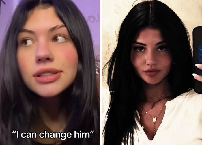 Side-by-side images of a young woman reflecting on change after a breakup, illustrating personal growth and transformation.