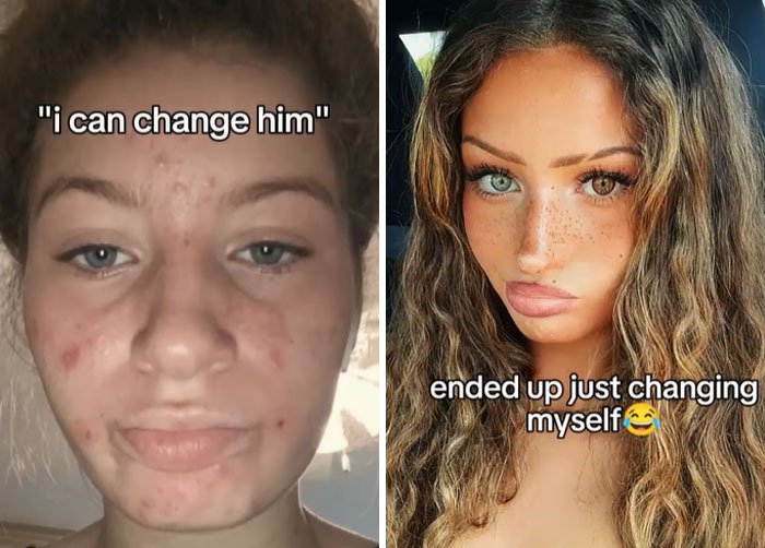 Before and after photos of a woman showing how she changed after a breakup, highlighting personal transformation.