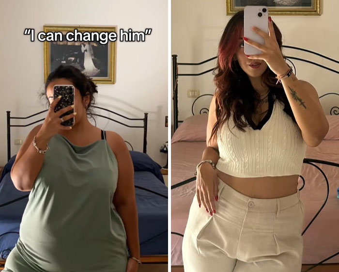 Before and after breakup selfies of a woman showing personal change and growth, illustrating women share change after breakup.