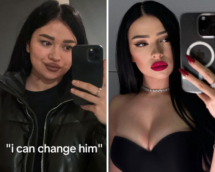 Side-by-side selfies of a woman before and after a breakup reflecting changes women share after a breakup.