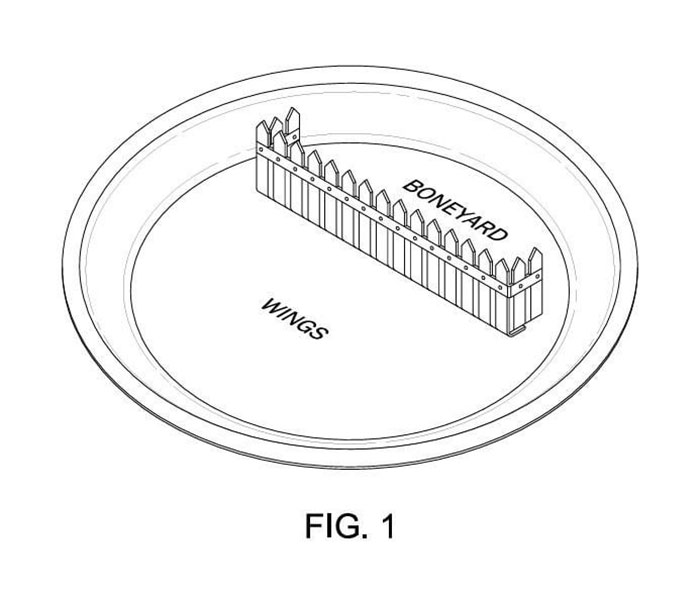 Patent drawing of a divided restaurant plate with labeled sections for wings and a boneyard separator fence.