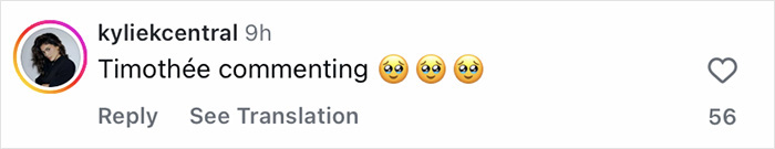 Screenshot of an Instagram comment by user kyliecentral reacting to Timoth&eacute;e Chalamet with three wide-eyed emojis.