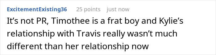 Screenshot of an online comment discussing Timothée Chalamet and Kylie Jenner relationship details pointed out by fans. Screenshot of an online comment discussing Timothée Chalamet and Kylie Jenner relationship details pointed out by fans.