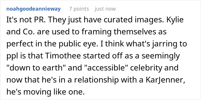 Screenshot of a user comment discussing Timothée Chalamet and Kylie Jenner fans pointing out a sad detail. Screenshot of a user comment discussing Timothée Chalamet and Kylie Jenner fans pointing out a sad detail.