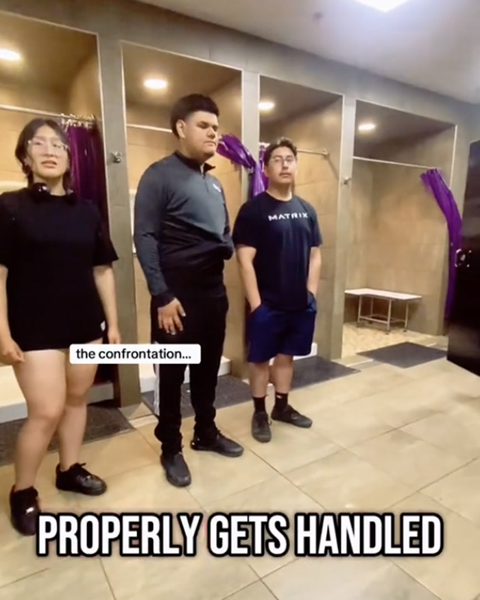 Three people standing in a locker room during a Planet Fitness bathroom incident involving transphobic and gender locker room policies. Three people standing in a locker room during a Planet Fitness bathroom incident involving transphobic and gender locker room policies.