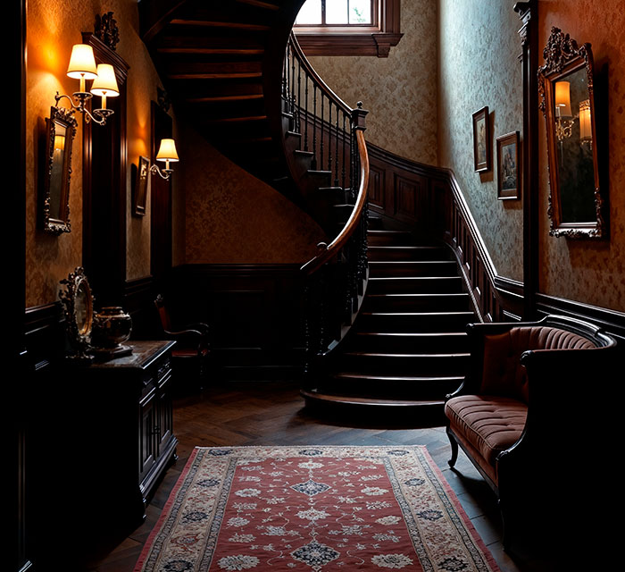 Dimly lit vintage hallway with a curved wooden staircase, ornate mirrors, and antique furniture exuding a mysterious atmosphere.