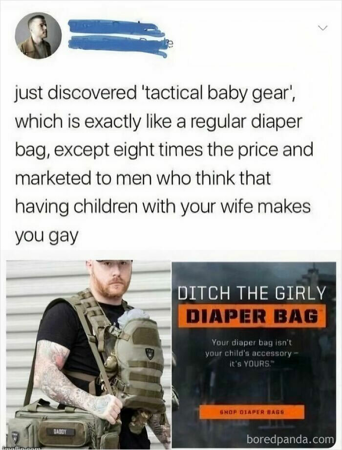 Man wearing tactical baby gear and carrying a diaper bag marketed to men showing gendered nonsense examples.