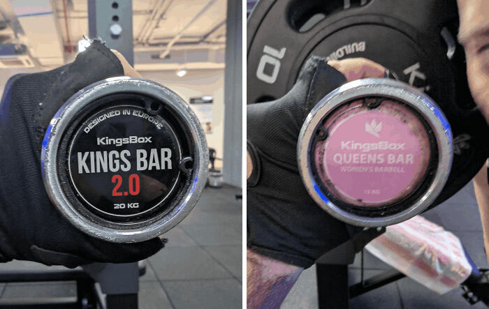 Black and pink weightlifting bars labeled Kings Bar and Queens Bar demonstrating gendered nonsense in gym equipment design.