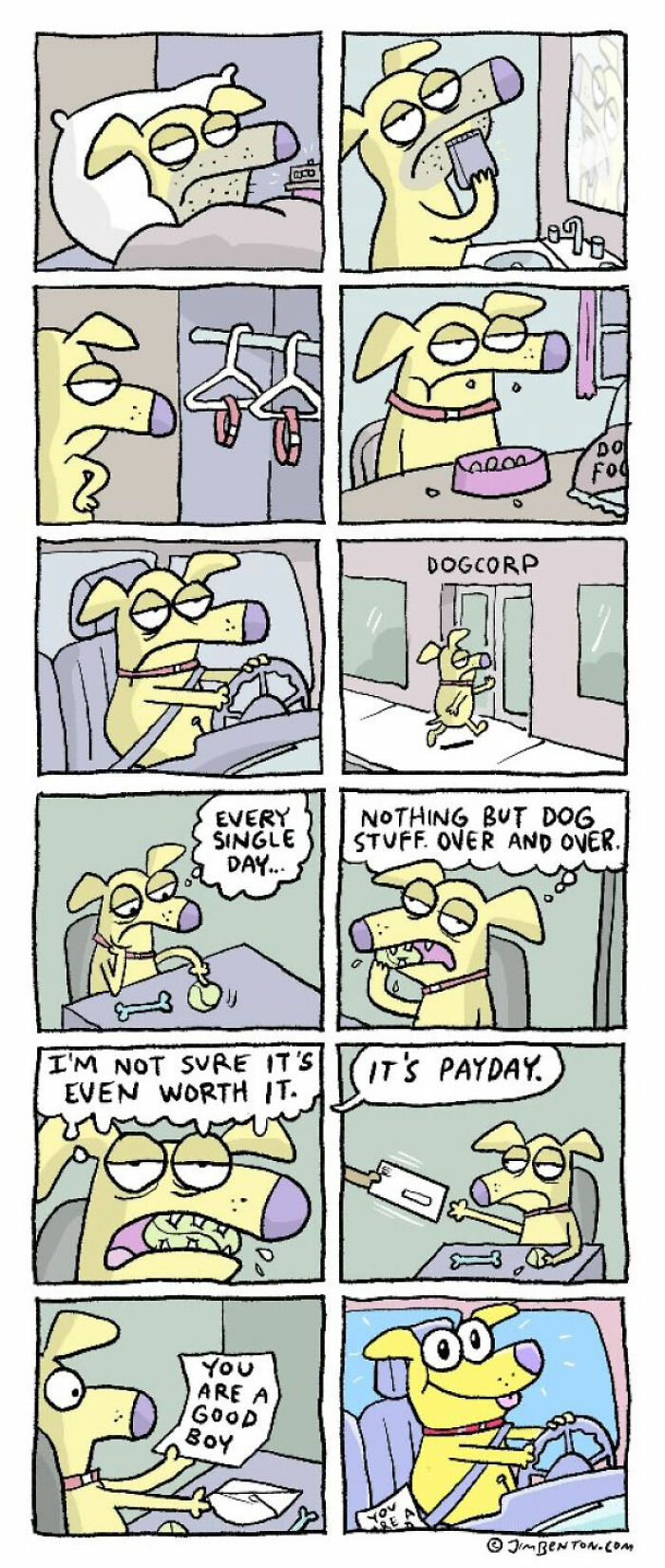 Cartoon dog humor imagining what dogs would say about their daily routine and feelings in a comic strip.