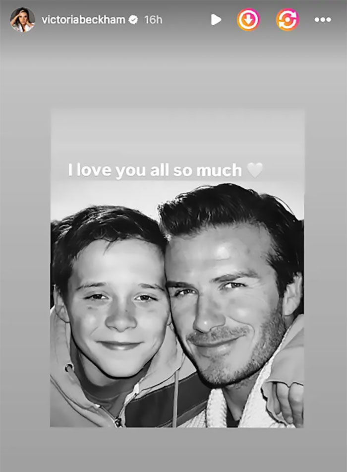 Black and white photo of Brooklyn Beckham with his father David Beckham smiling closely with text above expressing love.