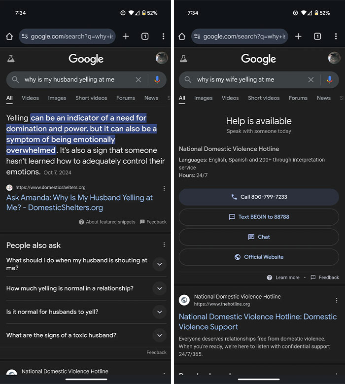 Google search results on emotional overwhelm and domestic violence hotline for yelling in relationships, surprising unhinged images context