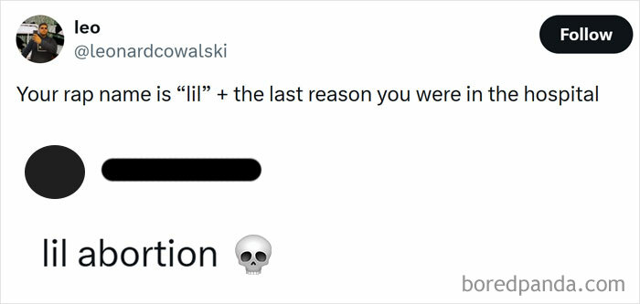 Tweet showing a dark humor joke combining rap names with hospital reasons, an unhinged image catching people off-guard.