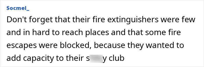 Screenshot of a comment discussing limited fire extinguishers and blocked fire escapes at a Swiss bar incident.