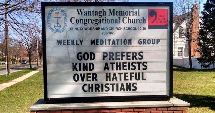 Clever church sign at Wantagh Memorial Congregational Church promoting thoughtful messages going viral online.