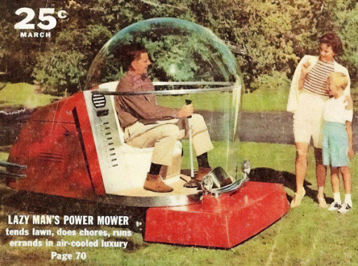 This 1957 Power Mower Of The Future Was Equipped With A Plastic Dome, Air Foam Cushion Seat, Electric Generator, Running Lights, Radio, And Air Conditioning