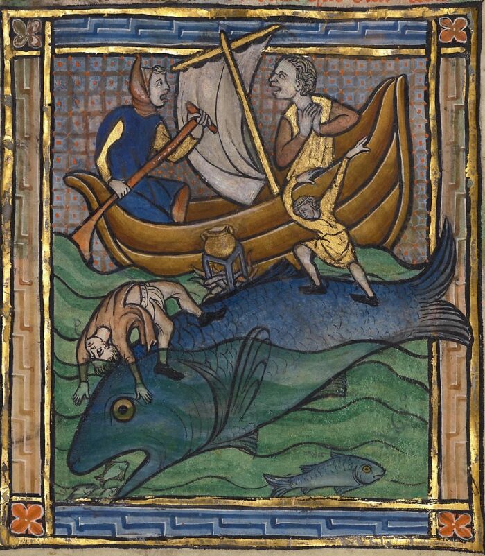 Medieval old painting with a large fish and people in a boat, showcasing hilariously bad art style.