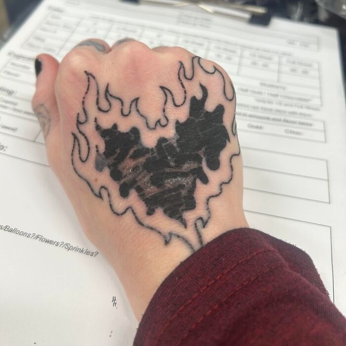 Hand with a large black flame tattoo on the back, an example of bad tattoos showing thinking first is optional.