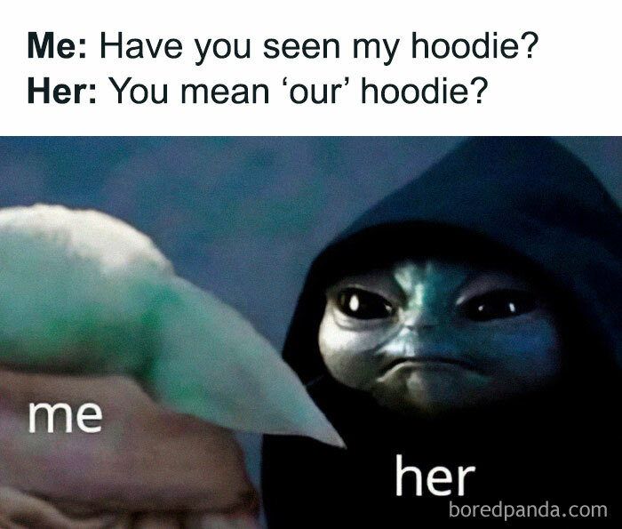Cute loving meme showing a playful exchange about a hoodie, perfect for sending to your girlfriend to feel appreciated.