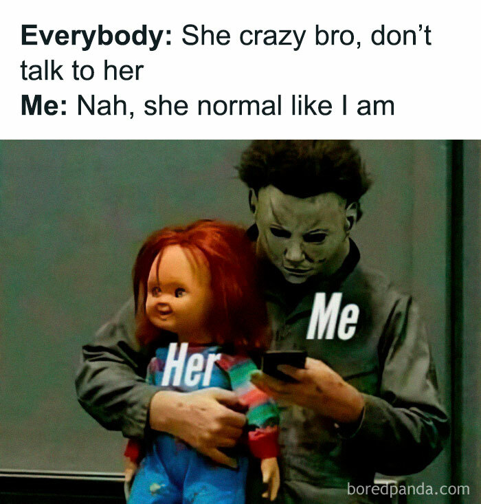 Loving memes showing a man holding a doll labeled her and texting, highlighting appreciation for girlfriends.