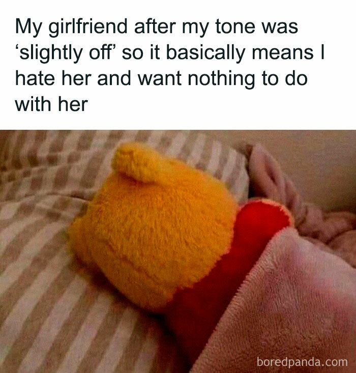 A loving meme showing a stuffed Winnie the Pooh under a blanket, illustrating girlfriend feeling unappreciated.