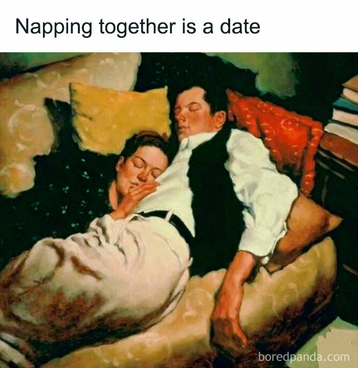 Couple napping closely on a couch with pillows, illustrating loving memes to send to your girlfriend and feel appreciated.