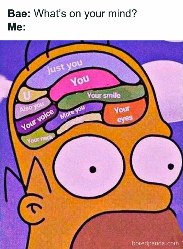 Cartoon brain diagram showing loving thoughts labeled with keywords about girlfriend to feel appreciated.