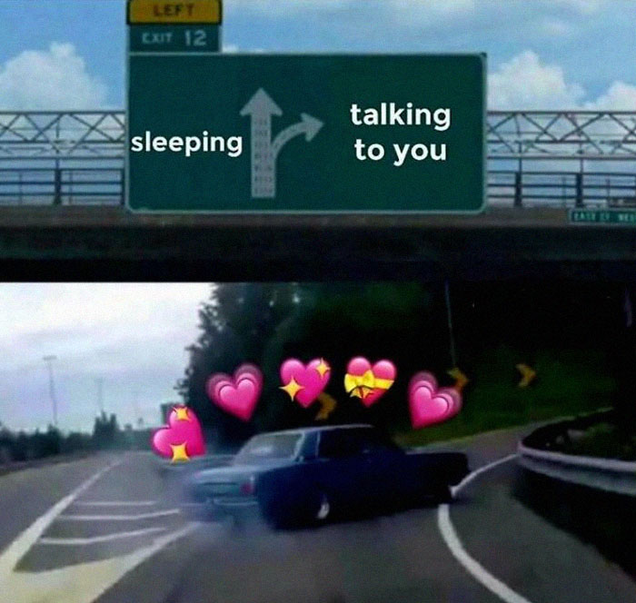 Car swerving off highway exit with heart emojis, representing choosing talking to you over sleeping in loving memes for girlfriend.