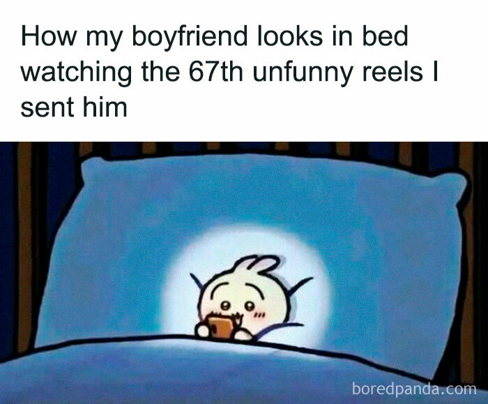Cute cartoon character in bed looking at phone, a relatable loving meme to send to your girlfriend to feel appreciated.