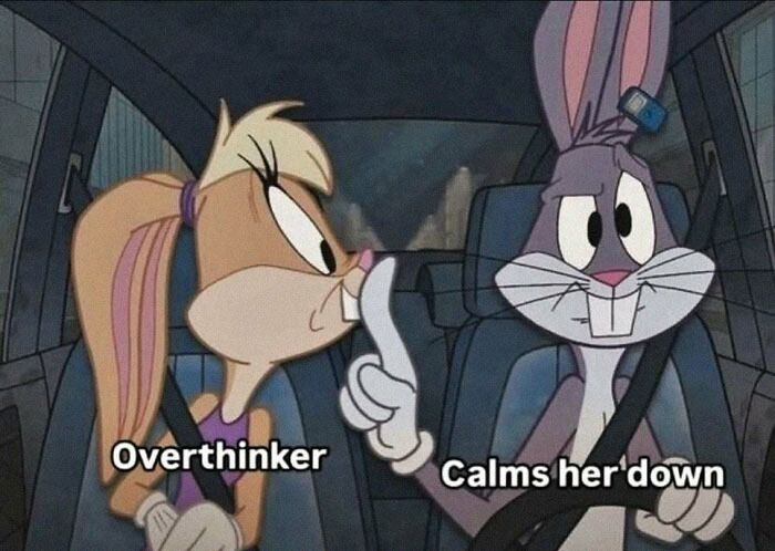 Animated couple in a car with the girl labeled overthinker and the boy labeled calms her down, loving memes for girlfriend.