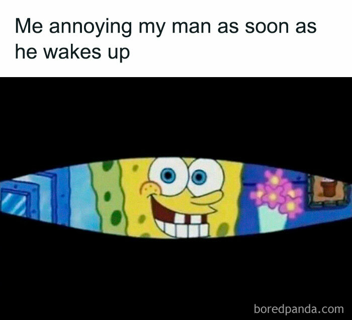 Spongebob peeking through a door with a mischievous smile, relatable loving meme to send to your girlfriend.