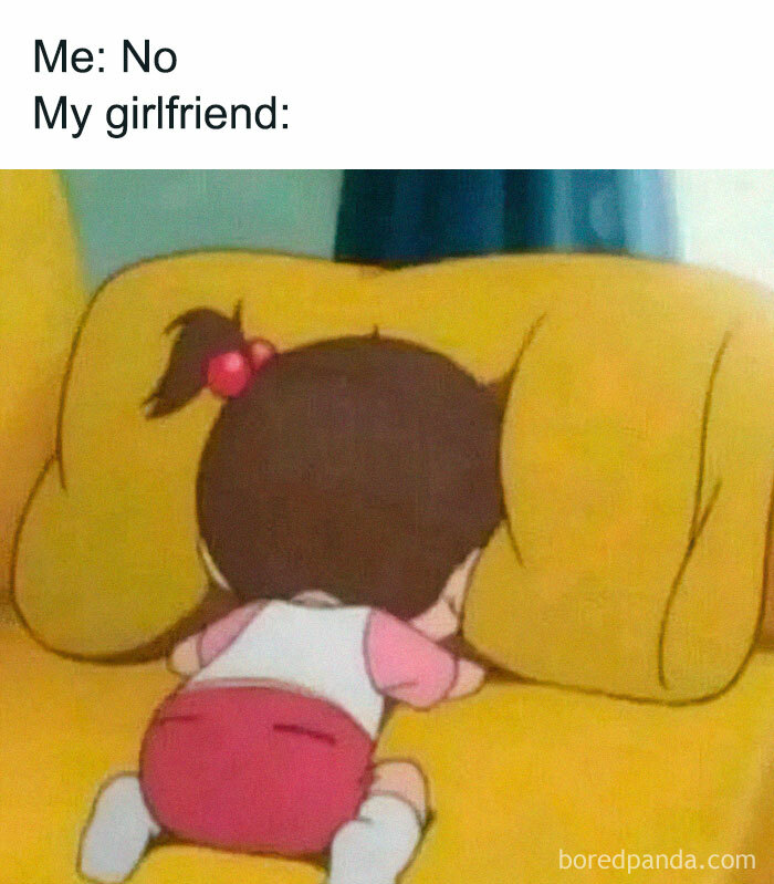 Cute animated girl hiding face on a yellow couch, illustrating loving memes to send to your girlfriend and show appreciation.