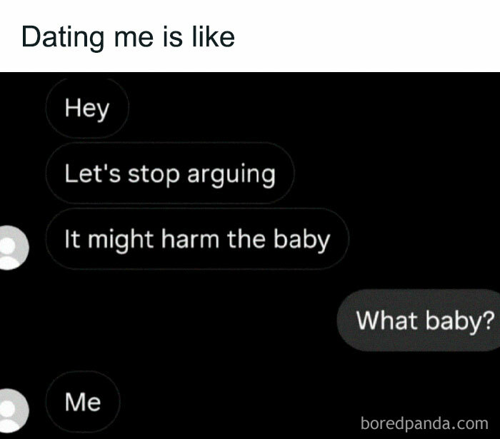 Text message meme showing a humorous conversation about stopping arguing to protect a baby, reflecting loving memes.