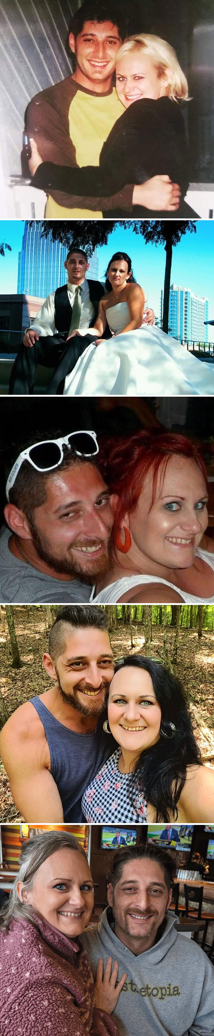 Wholesome photos of a couple across years: young embrace, wedding portrait, casual nights, outdoor smiles and later life