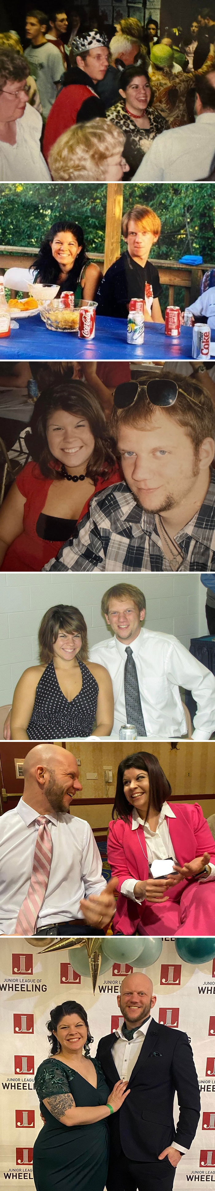 Couple in a series of wholesome photos showing their life journey from teens to wedding and gala events