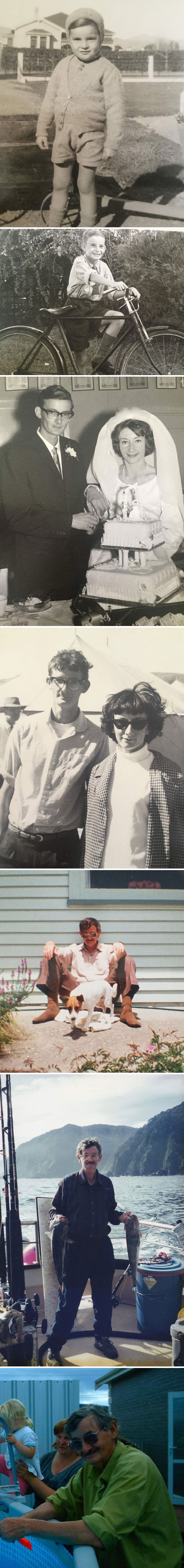 Wholesome photos collage of one man's life journey: childhood, teen, wedding, young adult, fishing and older family moments