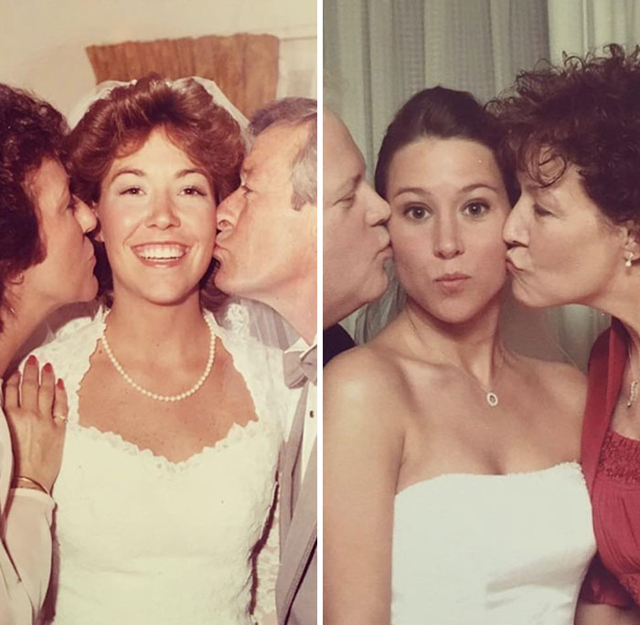 Wholesome photos: split vintage and modern bride, parents kissing her cheeks in two wedding portraits